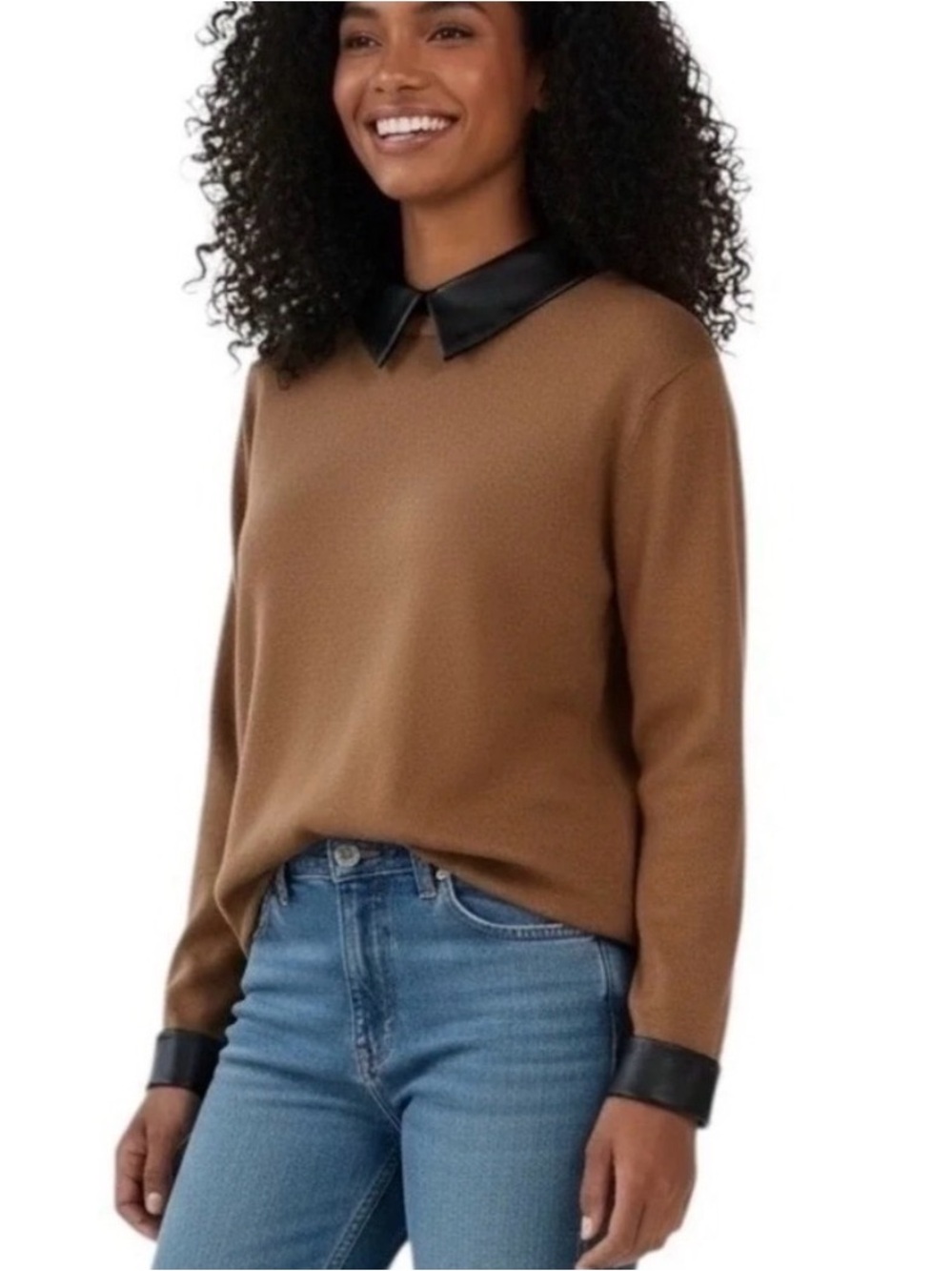 La Vila Milano Women's Sweater with Faux Leather Collar and Cuffs size Medium